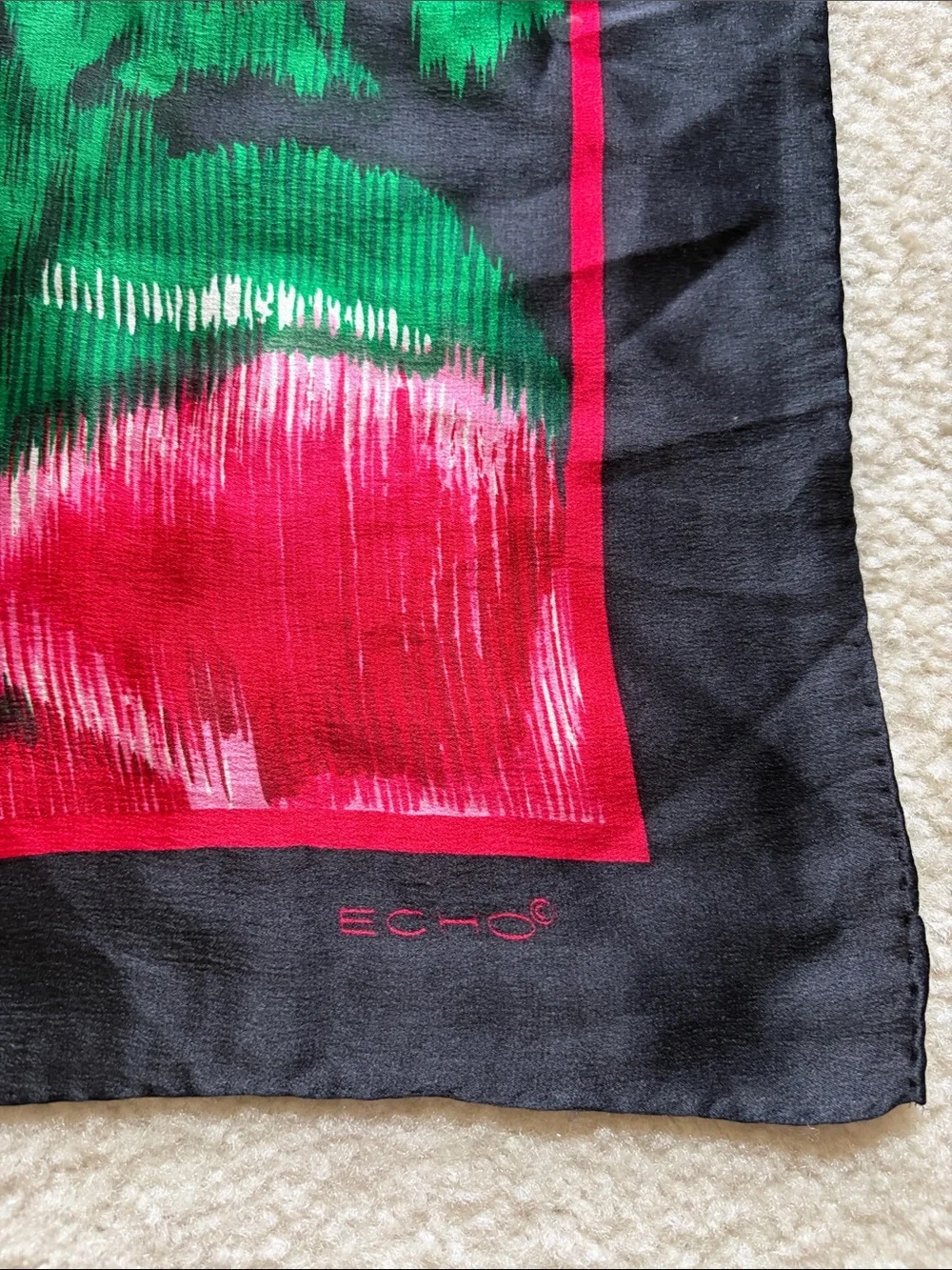 Black Silk Scarf with Bold Red Floral Print
